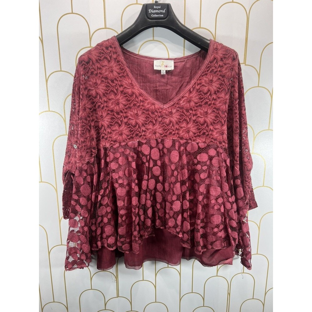 Belle France Women’s Layered Floral Lace High Low Boho Red Blouse Size XL